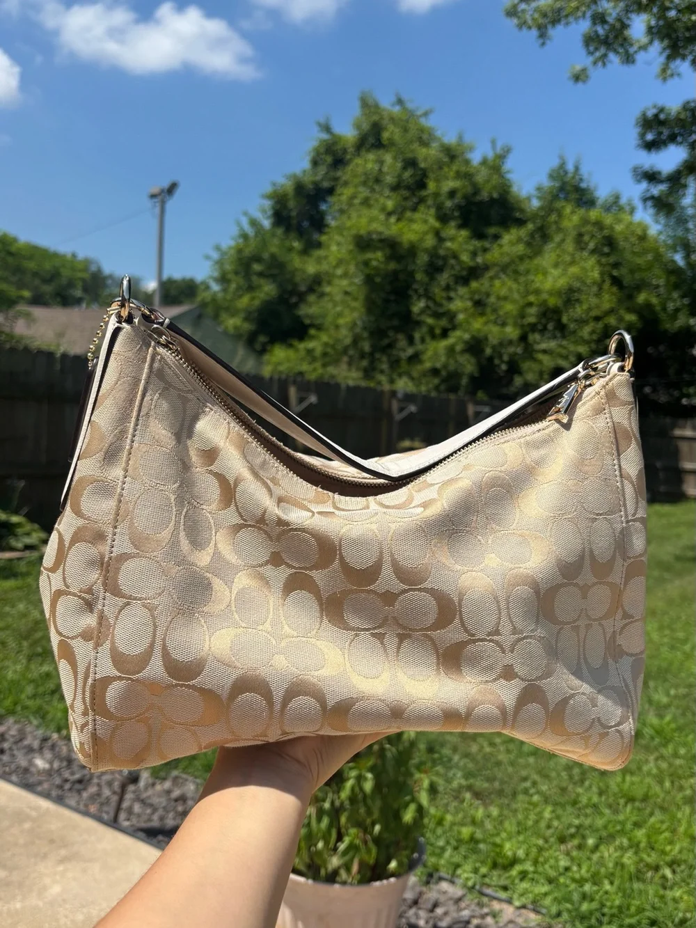 Coach Signature Jacquard Hobo Bag in Champagne